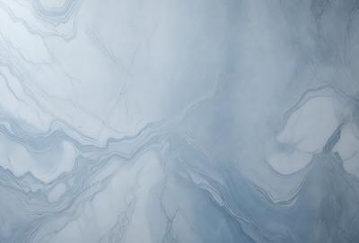 The primary subject of the image is a large, white, marble-like surface with a blue tint. The setting is a room with a blue-gray background. The visual style is a combination of a photo and digital art, creating a unique and artistic representation of the marble-like surface. The colors and mood of the image are predominantly blue and gray, giving it a calm and serene atmosphere.
