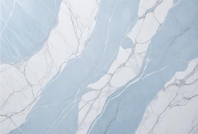 The primary subject of the image is a marble tile wall with a blue and white color scheme. The setting is a bathroom, and the visual style is a photo. The dominant colors are blue and white, creating a clean and elegant atmosphere.