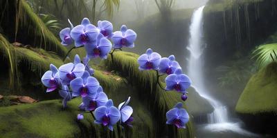 The primary subject of the image is a group of purple orchids, which are the main objects in the scene. The setting is a lush green forest, with a waterfall in the background. The visual style of the image is a digital art, creating a vibrant and colorful atmosphere. The dominant colors are purple and green, with the purple orchids being the main focus of the scene.