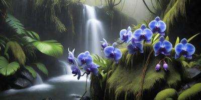 The primary subject of the image is a group of purple orchids, which are the main objects in the scene. The setting is a lush green forest, with a waterfall in the background. The visual style is a painting, which creates a vibrant and natural atmosphere. The dominant colors are purple and green, with the purple orchids standing out against the greenery.