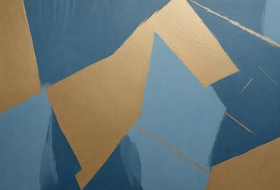 The primary subject of the image is a painting featuring a mountainous landscape. The setting is a blue background, which adds to the overall atmosphere. The visual style of the painting is a mix of digital art and illustration, creating a unique and artistic representation of the mountainous terrain. The dominant colors in the painting are blue and gold, which contribute to the overall mood and aesthetic appeal of the piece.