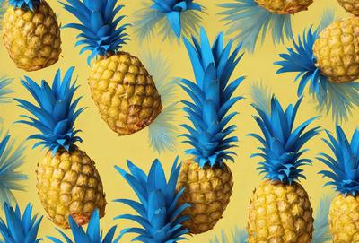 The primary subject of the image is a close-up of a pineapple, which is the main object in the scene. The setting is a yellow background, and the visual style appears to be a combination of a photo and a digital art or illustration. The colors in the image are predominantly blue and yellow, creating a vibrant and lively atmosphere.