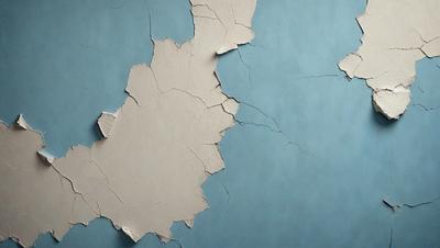 The primary subject of the image is a piece of paper with a blue background. The paper has a peeling or chipping appearance, giving it a worn and aged look. The setting is a blue wall, which serves as the backdrop for the paper. The visual style of the image is a close-up of the paper, highlighting its texture and appearance. The colors in the image are predominantly blue, giving it a calm and serene atmosphere.