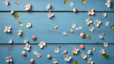 The primary subject of the image is a blue wooden surface with a variety of white flowers scattered across it. The flowers are arranged in a visually appealing manner, creating a sense of harmony and beauty. The setting appears to be a natural environment, with the flowers possibly being petals or blossoms from a tree. The visual style of the image is a combination of photo and digital art, as it captures the natural beauty of the flowers and their arrangement on the wooden surface. The colors and mood of the image are predomin