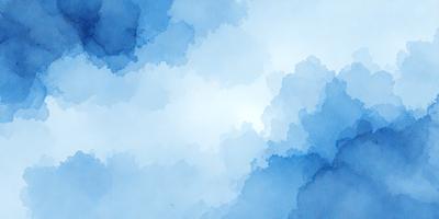 The primary subject of the image is a cloudy blue sky. The setting is a cloudy day, and the visual style is a watercolor painting. The colors and mood of the image are predominantly blue, creating a calm and serene atmosphere.