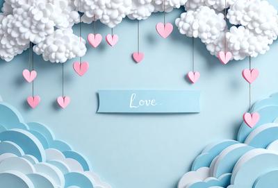 The primary subject of the image is a wall with a blue background. The setting is a cloudy sky, and the visual style is a combination of digital art and illustration. The dominant colors are blue and white, creating a calm and serene atmosphere.