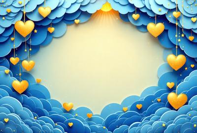 The primary subject of the image is a large, white, heart-shaped frame with a blue background. The heart is filled with numerous small hearts, creating a visually appealing and colorful scene. The setting appears to be a cloudy sky, which adds to the overall atmosphere of the image. The visual style of the image is a combination of digital art and illustration, creating a unique and eye-catching design. The colors and mood of the image are predominantly blue and warm, with the hearts adding a touch