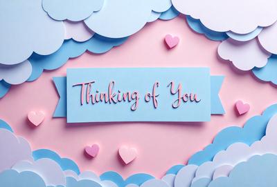 The primary subject of the image is a card with the words "Thinking of You" written on it. The card is pink and blue, and it is placed on a pink and blue background. The visual style of the image is a combination of digital art and illustration, creating a unique and eye-catching design. The colors and mood of the image are warm and inviting, with the pink and blue hues evoking feelings of love and friendship.