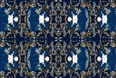 The primary subject of the image is a blue and gold patterned design. The setting is a blue background, and the visual style appears to be a combination of digital art and illustration. The colors and mood of the image are predominantly blue and gold, creating a sense of harmony and balance.