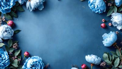 The primary subject of the image is a blue background with a circle of flowers. The flowers are scattered around the circle, creating a visually appealing and colorful scene. The setting appears to be a studio or a controlled environment, as the flowers are placed on a blue surface, which could be a table or a wall. The visual style of the image is a combination of photo and digital art, as the flowers are arranged in a circular pattern, and the blue background adds a touch of creativity to the overall composition. The colors and m
