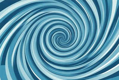 The primary subject of the image is a spiral pattern, which is a blue and white swirl. The setting is a blue ocean, and the visual style is a digital art or illustration. The dominant colors are blue and white, creating a calm and serene atmosphere.