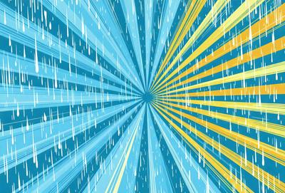 The primary subject of the image is a brightly colored, swirling, and spiraling pattern of yellow, blue, and white colors. The setting is a blue background, which contrasts with the vibrant colors of the pattern. The visual style is a combination of digital art and illustration, creating a dynamic and eye-catching design. The dominant colors are yellow, blue, and white, which evoke a sense of energy and movement.