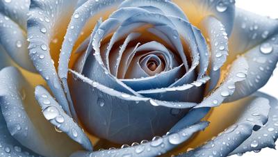 The primary subject of the image is a close-up of a blue rose with water droplets on it. The rose is the main focus of the image, and it is set against a backdrop of water droplets, creating a visually appealing and moist atmosphere. The visual style of the image is a close-up, which emphasizes the details of the rose and the water droplets. The colors in the image are predominantly blue and gray, which contribute to the overall mood of the scene.