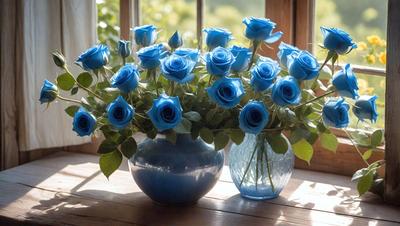 The primary subject of the image is a vase filled with blue roses. The vase is placed on a wooden table, which serves as the setting for the scene. The visual style of the image is a photo, capturing the beauty of the blue roses in the vase. The dominant colors in the image are blue and white, creating a serene and calming atmosphere.