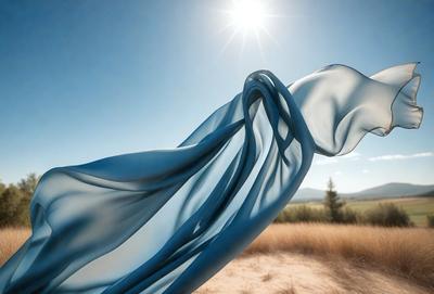 The primary subject of the image is a blue cloth, possibly a scarf or a piece of clothing, that is blowing in the wind. The setting is an outdoor environment, with a field visible in the background. The visual style of the image is a photo, capturing the movement and texture of the blue cloth as it catches the wind. The colors and mood of the image are predominantly blue, creating a calm and serene atmosphere.