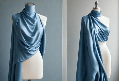 The primary subject of the image is a blue scarf, which is draped over a mannequin. The mannequin is wearing a blue dress, and the overall atmosphere of the image is calm and serene. The setting is a room with a blue wall, and the visual style is a close-up of the scarf on the mannequin.