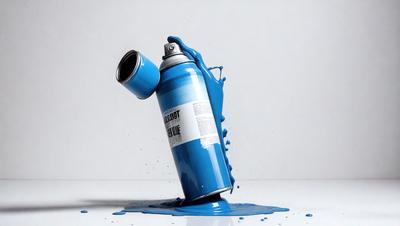 The primary subject of the image is a blue spray paint can that is upside down and leaking blue paint. The setting is a white surface, which contrasts with the blue paint. The visual style is a close-up of the spray paint can, showcasing the details of the paint and the can. The colors and mood of the image are predominantly blue, with the blue paint creating a vibrant and dynamic atmosphere.