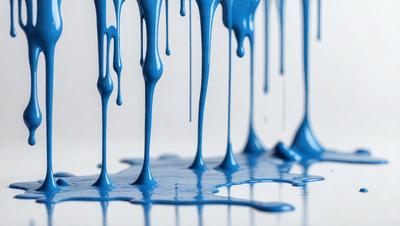 The primary subject of the image is a blue liquid, possibly paint or ink, dripping down a white surface. The setting appears to be a table or a countertop, with the blue liquid creating a visually striking contrast against the white background. The visual style of the image is a close-up of the dripping liquid, emphasizing the details of the blue color and the flowing pattern. The overall atmosphere of the image is dynamic and artistic, with the blue liquid creating a sense of movement and flow.
