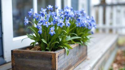 The primary subject of the image is a wooden box filled with blue flowers. The setting is a window sill, and the visual style is a photo. The dominant colors are blue and green, creating a calm and serene atmosphere.
