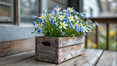 The primary subject of the image is a wooden box filled with blue and white flowers. The setting is an outdoor area, possibly a porch or a table, where the box is placed. The visual style of the image is a photo, capturing the beauty of the flowers and the wooden box. The dominant colors in the image are blue and white, creating a serene and calming atmosphere.