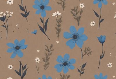 The primary subject of the image is a pattern featuring blue flowers, with a brown background. The flowers are depicted in various shades of blue, and they are scattered throughout the pattern. The visual style of the image is a combination of digital art and illustration, creating a unique and eye-catching design. The overall atmosphere of the image is vibrant and lively, with the blue flowers adding a touch of freshness and natural beauty to the pattern.