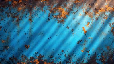 The primary subject of the image is a blue and orange striped surface, which appears to be a rusted metal sheet. The setting is a dark room, and the visual style is a close-up of the rusted metal. The dominant colors are blue and orange, creating a moody atmosphere.