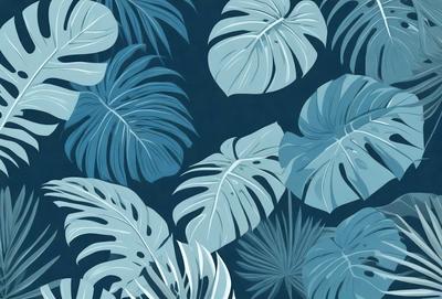 The image features a blue background with a pattern of green leaves. The leaves are large and spread across the background, creating a visually appealing scene. The primary subject of the image is the green leaves, which are the main focus and dominate the visual style. The overall atmosphere of the image is serene and calming, with the blue and green colors contributing to a peaceful and relaxing mood.