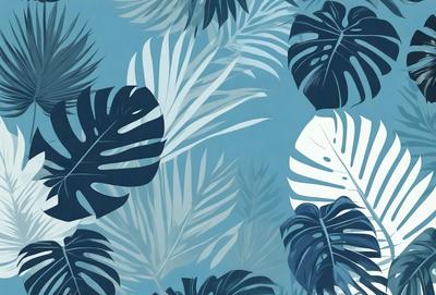 The image features a blue background with a pattern of palm leaves. The leaves are depicted in various sizes and are scattered throughout the scene. The overall atmosphere is calm and serene, with the blue background providing a soothing and relaxing environment. The visual style of the image is a combination of photo and digital art, creating a unique and eye-catching design.