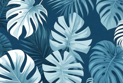 The image features a blue background with a pattern of white and green leaves. The leaves are large and prominent, covering most of the background. The overall atmosphere is calm and serene, with the blue color and the white and green leaves creating a sense of tranquility. The visual style appears to be a combination of digital art and illustration, as the leaves are depicted in a detailed and realistic manner.