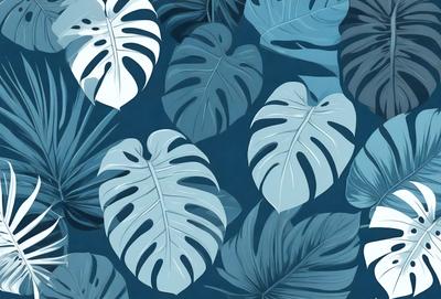 The primary subject of the image is a collection of large, blue and white leaves. The leaves are arranged in a pattern, creating a visually appealing and artistic display. The setting is a blue background, which complements the vibrant colors of the leaves. The visual style of the image is a combination of digital art and illustration, giving it a unique and creative appearance. The dominant colors in the image are blue and white, which evoke a sense of calmness and tranquility.