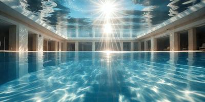 The primary subject of the image is a swimming pool filled with water. The pool is surrounded by a building, and the sun is shining brightly on the water, creating a beautiful and serene atmosphere. The visual style of the image is a photo, capturing the natural light and reflections on the water's surface. The colors and mood of the image are predominantly blue and calming, with the sunlight adding a touch of warmth and brightness to the scene.