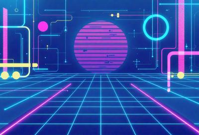 The primary subject of the image is a large, purple, pink, and blue circle. The circle is located in the center of the image, surrounded by a blue and purple background. The visual style of the image is digital art, as it appears to be a computer-generated or digitally created scene. The colors and mood of the image are vibrant and energetic, with the bright colors and bold design creating a lively and engaging atmosphere.