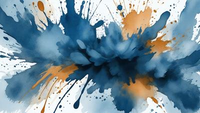 The primary subject of the image is a blue and orange splash of paint, which appears to be a watercolor painting. The setting is a white background, and the visual style is a painting or drawing. The dominant colors are blue and orange, creating a vibrant and lively atmosphere.