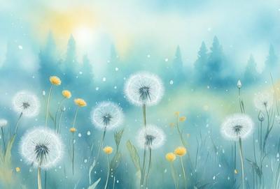 The primary subject of the image is a field of dandelions, with a total of 11 dandelions scattered throughout the scene. The setting is a snowy, wooded area with trees in the background. The visual style is a painting, which gives the image a more artistic and detailed appearance. The dominant colors are yellow and white, creating a warm and serene atmosphere.