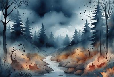 The primary subject of the image is a river flowing through a forest. The setting is a forest with trees and rocks surrounding the river. The visual style is a combination of digital art and illustration, creating a detailed and realistic representation of the scene. The colors and mood of the image are predominantly dark, with the river and the forest creating a sense of depth and mystery.