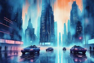 The primary subject of the image is a futuristic cityscape with tall buildings and a busy street filled with cars. The setting is a rainy night, creating a moody atmosphere. The visual style is a digital art or illustration, giving the scene a surreal and futuristic appearance. The dominant colors are blue and gray, with the blue sky and the gray buildings creating a sense of depth and contrast.