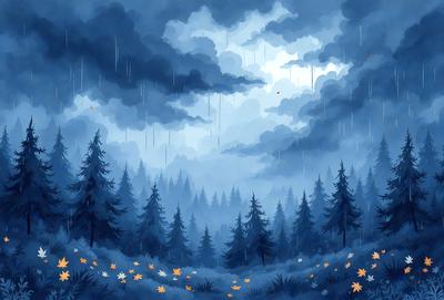 The primary subject of the image is a forest with a blue sky and rain falling. The setting is a forest with trees and a cloudy sky. The visual style is a digital art or illustration, creating a moody atmosphere. The dominant colors are blue and green, with the blue sky and green trees, and the rain adds a sense of depth and movement to the scene.