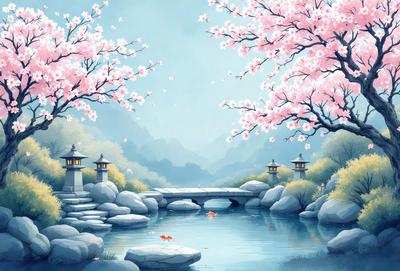 The primary subject of the image is a serene scene featuring a small pond with a bridge crossing over it. The pond is surrounded by rocks, and there are several small fish swimming in the water. The setting is a beautiful mountainous area with a backdrop of trees and flowers, creating a picturesque and peaceful atmosphere. The visual style of the image is a combination of digital art and illustration, with a focus on the intricate details of the rocks, water, and fish. The colors and mood of the image