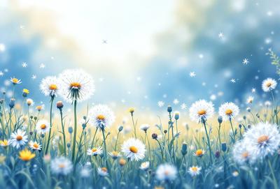 The primary subject of the image is a field of white flowers, with a blue sky in the background. The flowers are scattered throughout the field, creating a beautiful and serene scene. The visual style of the image is digital art, as it is a well-rendered and detailed illustration of the flowers. The colors and mood of the image are predominantly white and blue, giving it a calm and peaceful atmosphere.