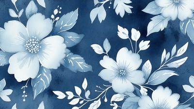 The primary subject of the image is a blue and white floral pattern. The setting is a blue background, and the visual style appears to be a combination of digital art and illustration. The dominant colors are blue and white, creating a calm and serene atmosphere.