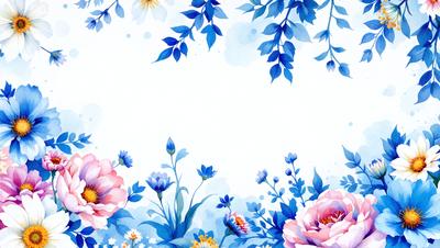 The primary subject of the image is a beautiful floral arrangement featuring a variety of flowers, including pink and blue ones. The setting is a white background, which provides a clean and elegant appearance. The visual style is a combination of digital art and illustration, creating a vibrant and colorful scene. The dominant colors in the image are pink, blue, and white, which contribute to a warm and inviting atmosphere.