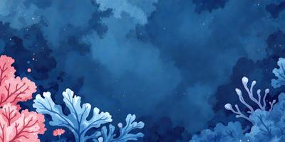 The primary subject of the image is a blue sky with a few stars visible. The setting is a nighttime scene with a dark blue background. The visual style is a watercolor painting, giving the image a vibrant and artistic appearance. The colors and mood of the image are predominantly dark and moody, with the blue sky and stars creating a serene and peaceful atmosphere.