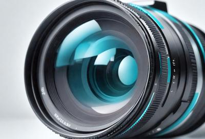 The primary subject of the image is a close-up of a camera lens. The lens is blue and has a reflective surface, giving it a shiny appearance. The setting is a white background, which provides a clean and uncluttered environment for the lens to be the main focus. The visual style is a real-life photograph of the camera lens, showcasing its intricate details and design. The colors and mood of the image are predominantly blue, giving it a calm and professional atmosphere.