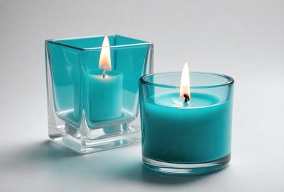 The primary subject of the image is a pair of blue glass candle holders, each containing a lit candle. The setting is a white table, and the visual style is a photo. The dominant colors are blue and white, creating a calm and serene atmosphere.
