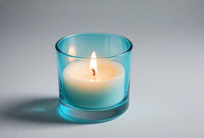 The primary subject of the image is a lit candle in a blue glass cup. The setting is a white surface, and the visual style is a photo. The dominant colors are blue and white, creating a calm and serene atmosphere.