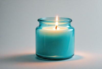 The primary subject of the image is a lit candle in a blue glass jar. The jar is placed on a white surface, which serves as the setting for the scene. The visual style of the image is a close-up of the candle, emphasizing its glow and the blue glass jar. The colors and mood of the image are predominantly blue, creating a calm and serene atmosphere.