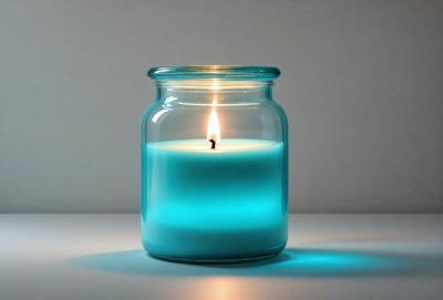 The primary subject of the image is a lit candle in a blue glass jar. The jar is placed on a white surface, which serves as the setting for the scene. The visual style of the image is a close-up of the candle, emphasizing its glow and the blue color of the jar. The colors and mood of the image are predominantly blue, creating a calm and serene atmosphere.