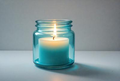 The primary subject of the image is a lit candle in a blue glass jar. The jar is placed on a white surface, which serves as the setting for the scene. The visual style of the image is a close-up of the candle, emphasizing its glow and the jar's color. The dominant colors in the image are blue and white, creating a calm and serene atmosphere.