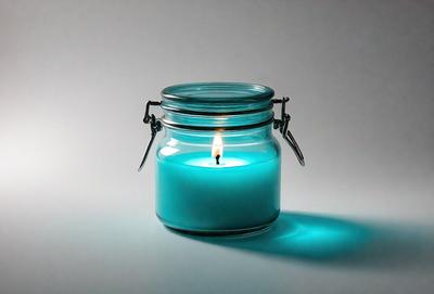 The primary subject of the image is a lit candle inside a blue glass jar. The jar is placed on a white surface, which serves as the setting for the scene. The visual style of the image is a close-up of the candle, emphasizing its glow and the jar's color. The dominant colors in the image are blue and white, creating a calm and serene atmosphere.
