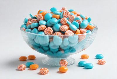 The primary subject of the image is a glass bowl filled with colorful candy, including orange, blue, and yellow candies. The bowl is placed on a white surface, which serves as the setting for the scene. The visual style of the image is a close-up of the bowl, showcasing the vibrant colors and textures of the candies. The overall atmosphere of the image is cheerful and inviting, with the colorful candy creating a sense of fun and indulgence.